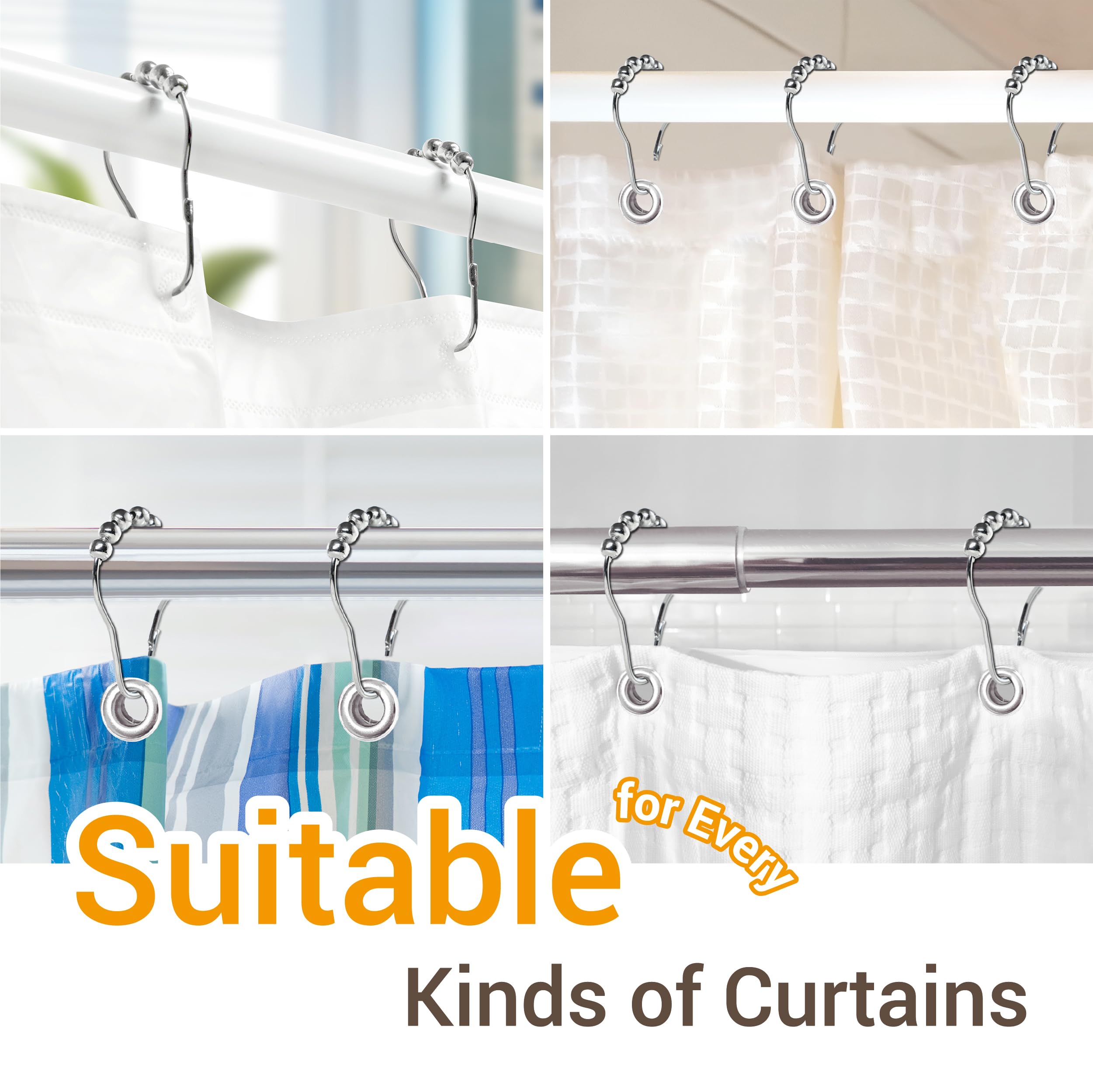ikloo Stainless Steel Shower Curtain Hooks - 12 Pack Rustproof Chrome Bathroom Curtain Rings for Shower Rods | Durable Metal Hangers for Bath, Hotel & Home Decor