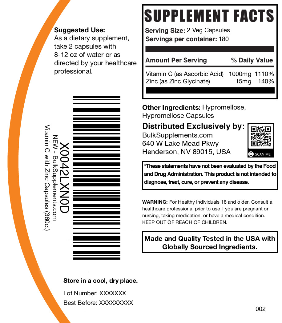 Premium Vitamin C with Zinc Capsules - Immune Support & Antioxidant Boost - 120 Capsules for Daily Wellness & Cold Defense - Ideal for Adults & Travelers