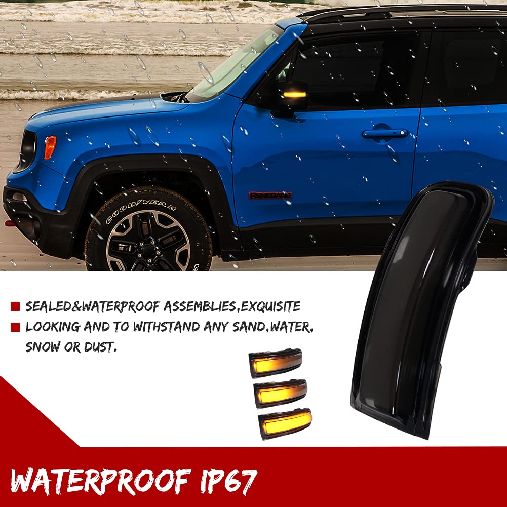 Smoked Sequential Amber LED Side Mirror Turn Signal Lights for 2015-2022 Jeep Renegade - Side Marker Lamp Replacement with Enhanced Visibility for Night Driving & Off-Road Adventures
