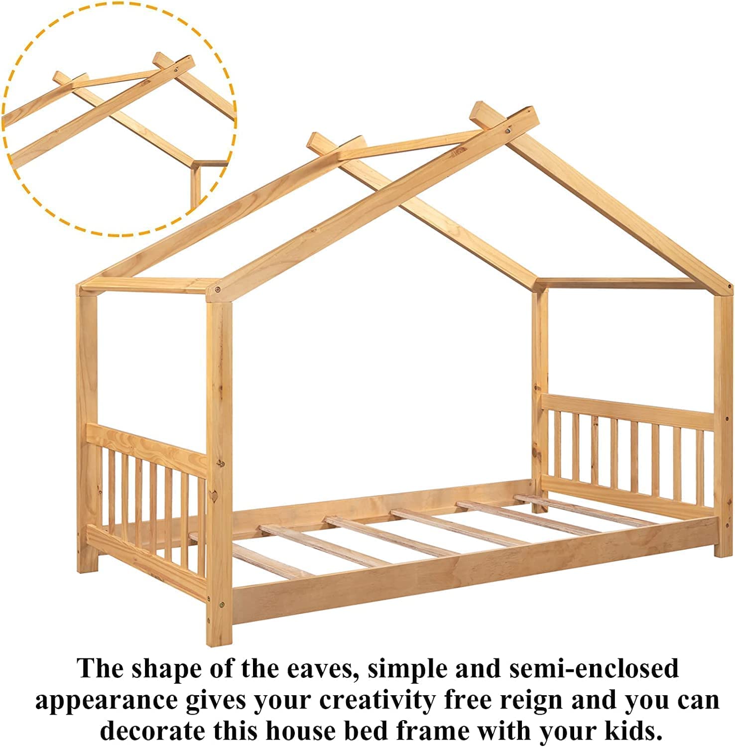 Harper & Bright Designs Twin House Bed for Kids - Wooden Floor Bed Frame with Headboard & Footboard - Montessori Style Toddler Bed for Boys & Girls - Natural Finish - Perfect for Small Rooms & Play Areas