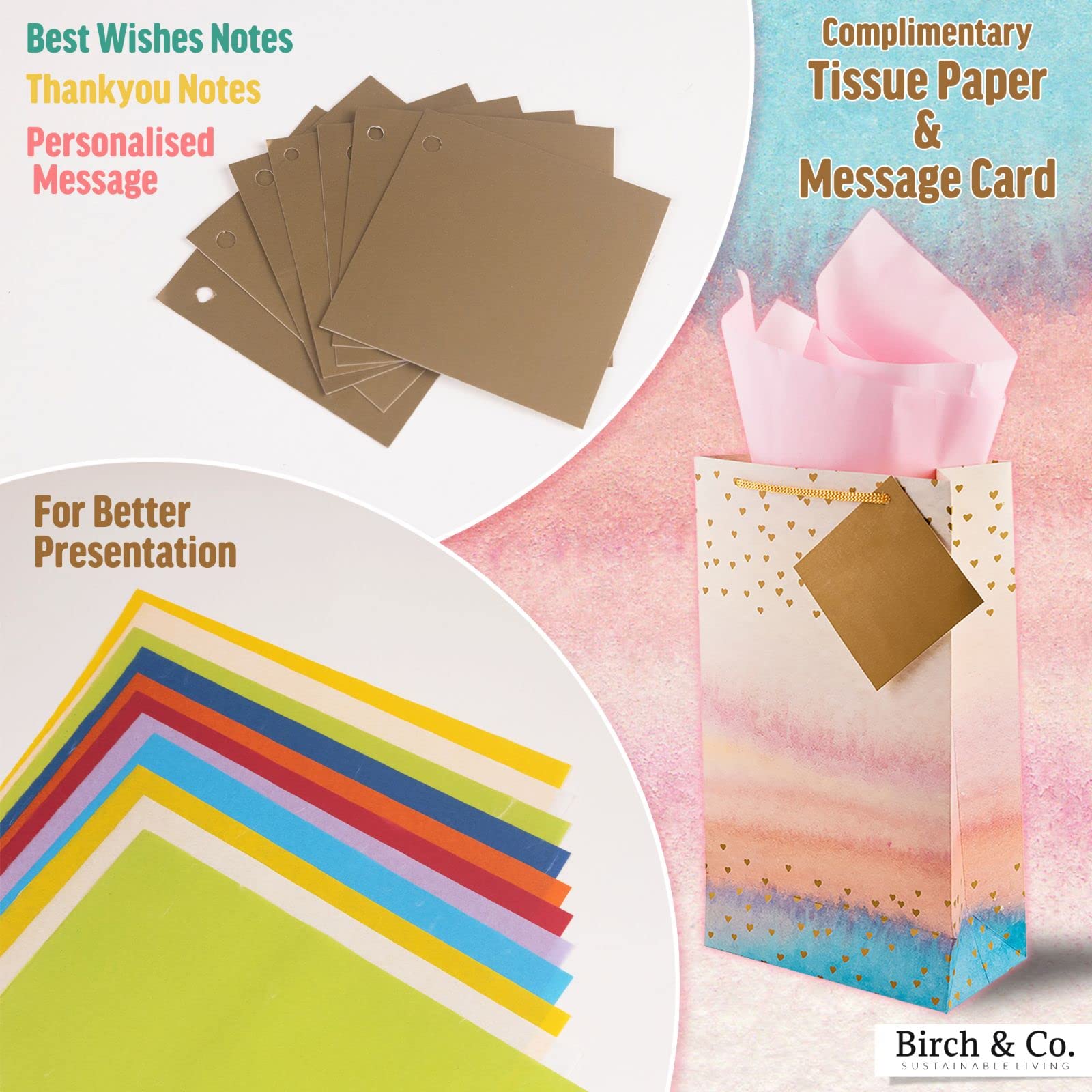 Birch & Co. Premium Multicolor Gift Paper Bags - Small Carry Bags with Tissue & Thank You Card - Pack of 5 - Perfect for Party Favors, Wedding Gifts & Retail Packaging