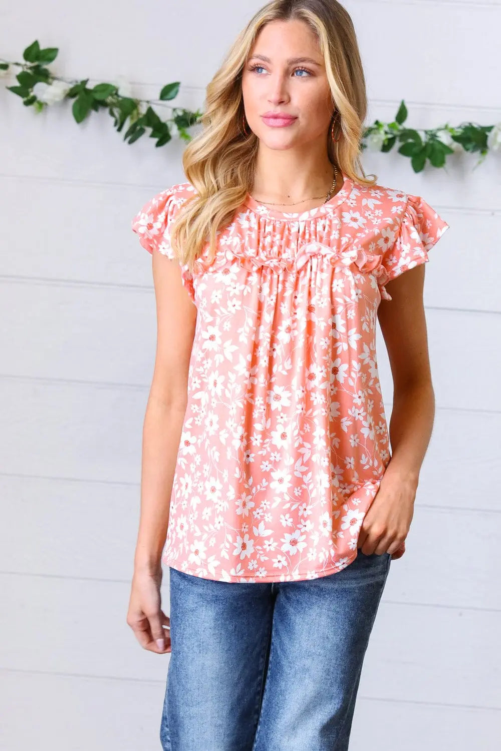 Peach Floral Print Frilled Short Sleeve Yoke Top for Women | Summer Blouse | Casual & Party Wear
