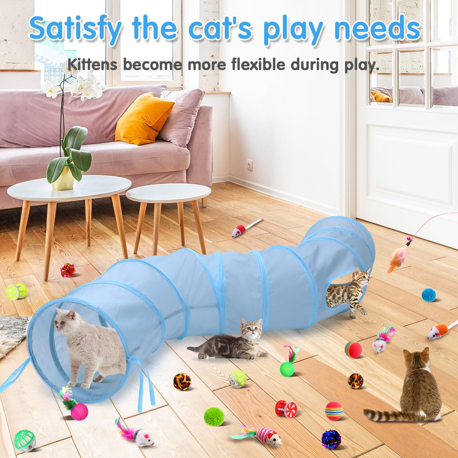 Wettarn 22-Piece Cat Toys Set with 2 Collapsible Tunnels & 20 Interactive Kitten Toys - Includes Feather Mouse, Crinkle Balls, Tubes for Indoor Cats & Puppies (Gray) - Perfect for Playtime, Exercise & Bonding with Your Pets