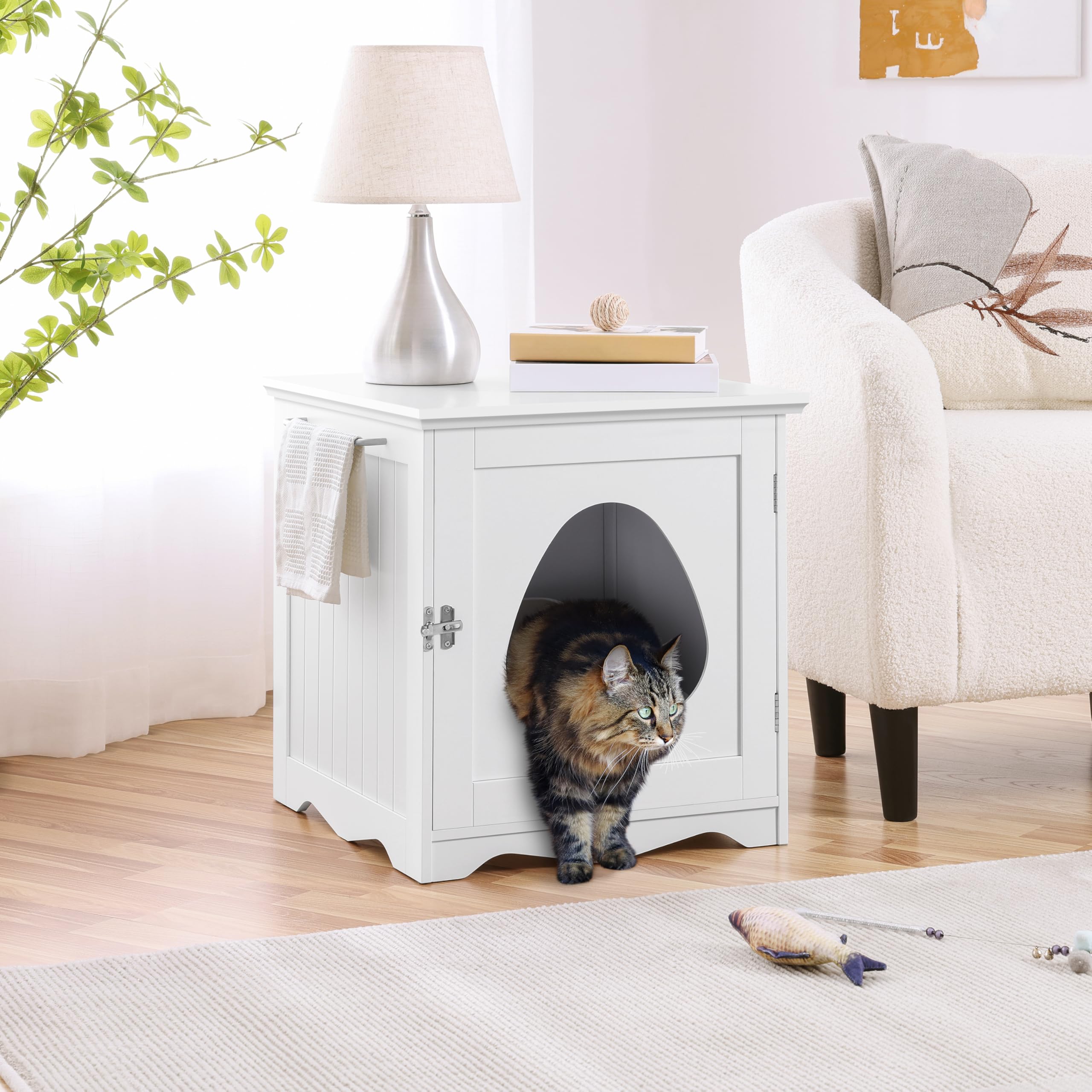 Yaheetech Wooden Cat Litter Box Enclosure Furniture with Towel Bar - Hidden Litter Box Cabinet, Dog Proof Indoor Cat House & Side End Table in White - Perfect for Small Spaces & Pet-Friendly Home Decor