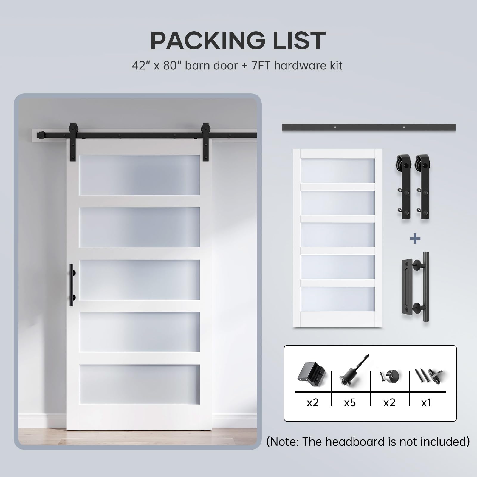 42x80 Inch Frosted Glass Sliding Barn Door with 7ft Hardware Kit - White Waterproof & Scratch-Resistant PVC LVL Wood Panel - Easy DIY Assembly for Bedroom, Bathroom, or Closet Renovation