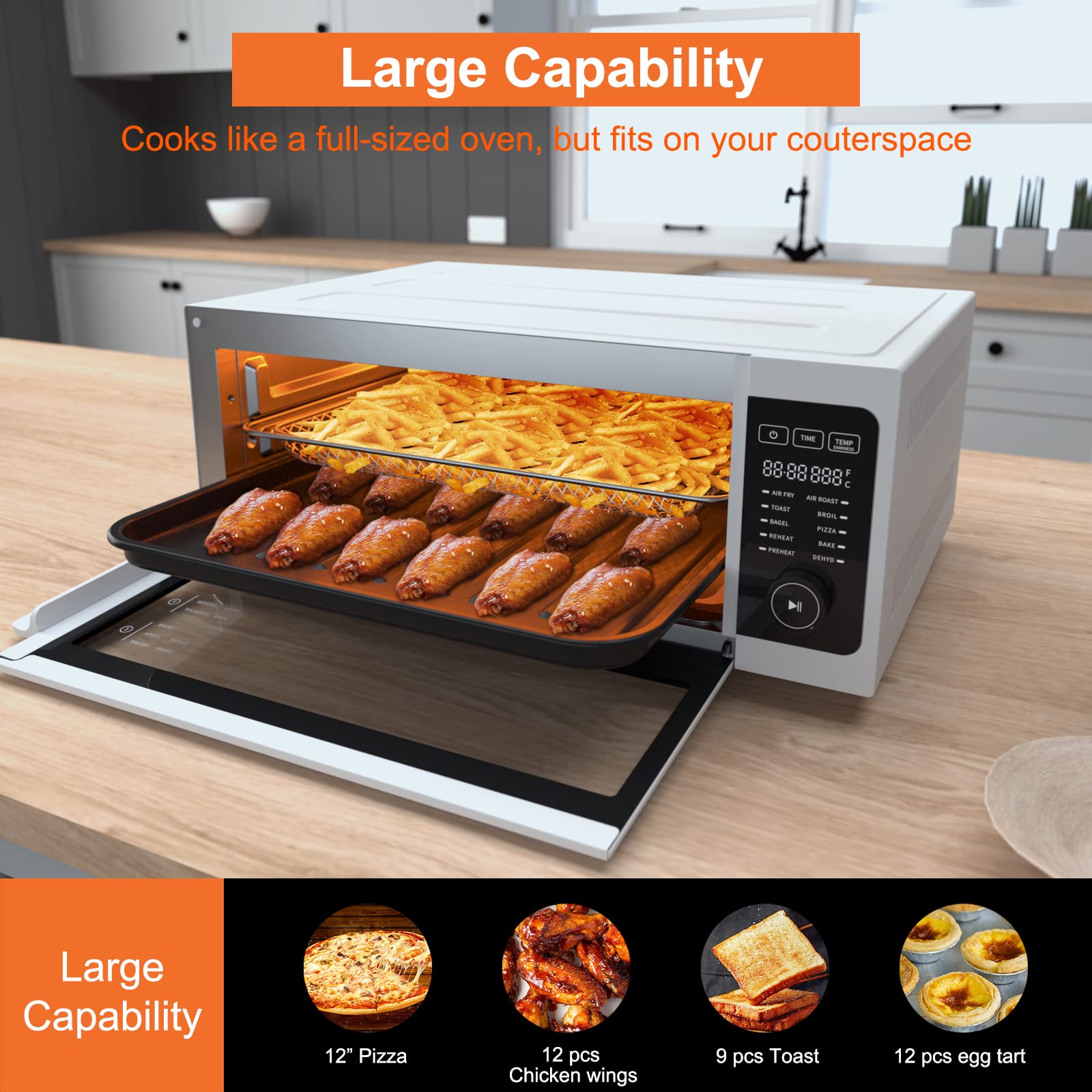 **Fabuletta 10-in-1 Air Fryer Toaster Oven Combo - 1800W Countertop Convection Oven with 100-450°F Temperature Control, Flip-Up Design for Space Saving, Enamel Baking Pan & Recipe Book Included - Perfect for Baking, Roasting & Air Frying (White)**