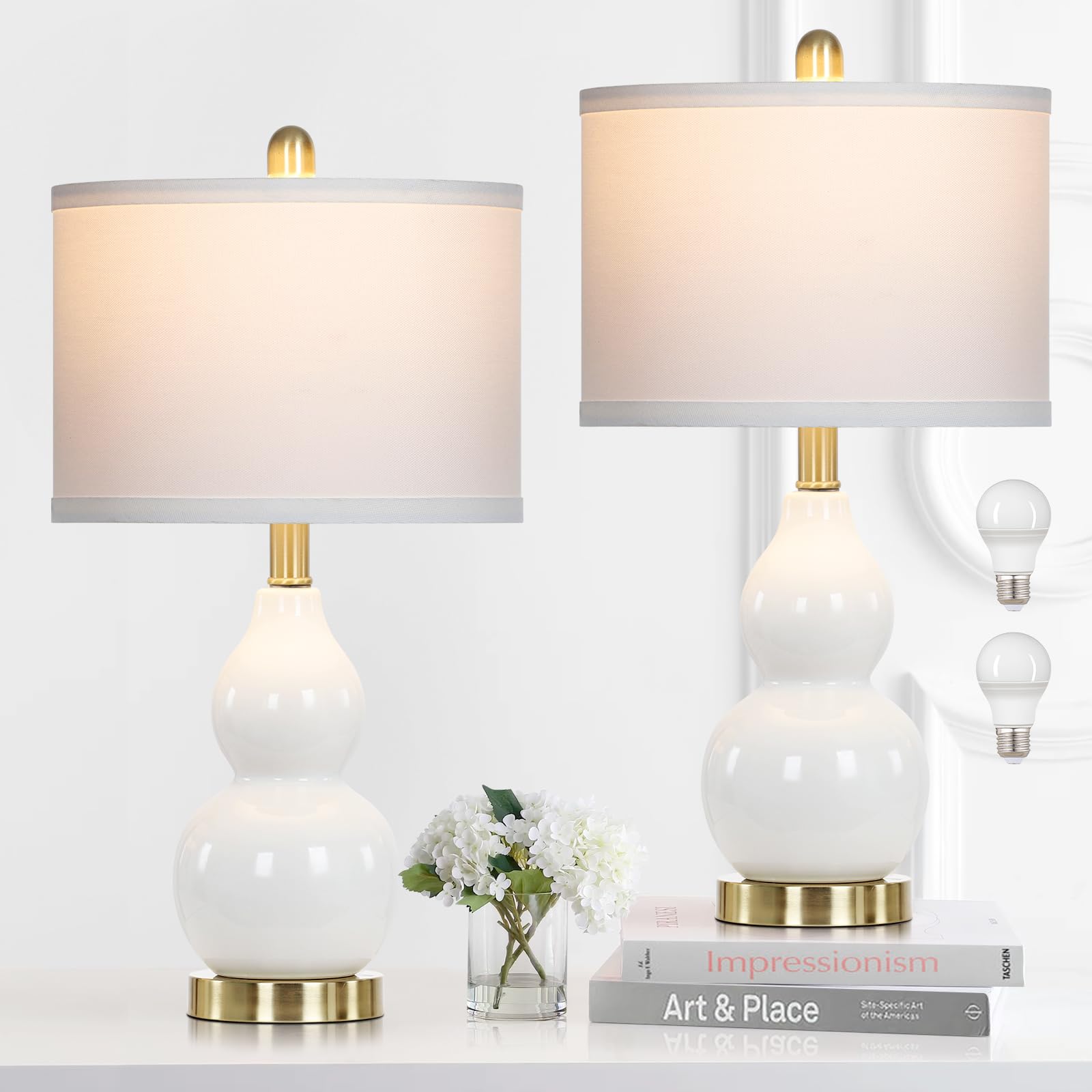 Modern White Double Gourd Ceramic Table Lamps Set of 2 - Contemporary Nightstand Lamps for Bedroom & Living Room with Included Bulb | Perfect for Bedside Lighting, Home Decor, and Cozy Ambiance