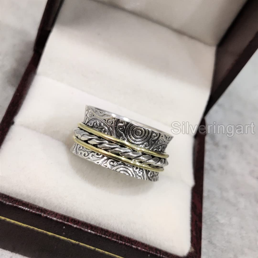 925 Sterling Silver Filigree Spinner Ring - Handmade Meditation & Fidget Ring for Anxiety Relief, Two-Tone Thumb Ring for Men & Women - Perfect Christmas Gift for Stress Relief, Focus & Relaxation (Oxidized Finish)