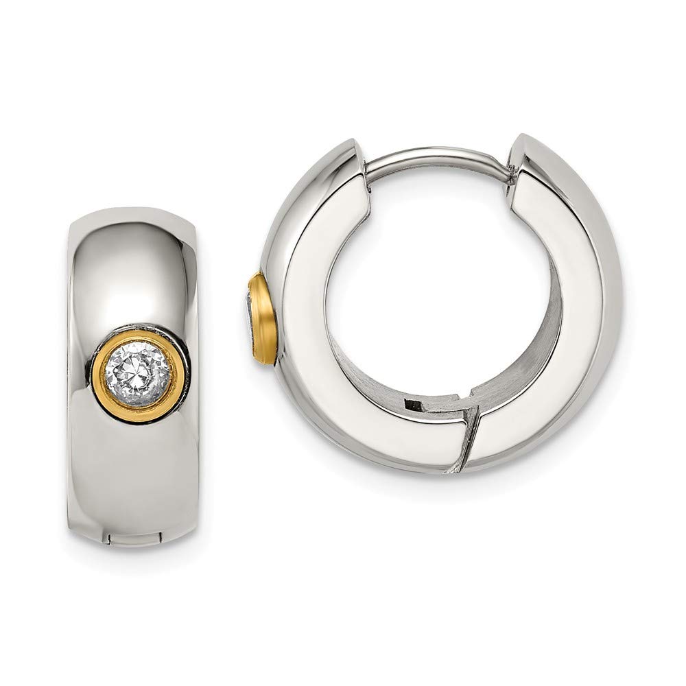 Stainless Steel CZ & Yellow IP-Plated Hinged Hoop Earrings 11mm - Elegant Dangle Earrings for Women, Perfect for Parties, Weddings & Everyday Wear