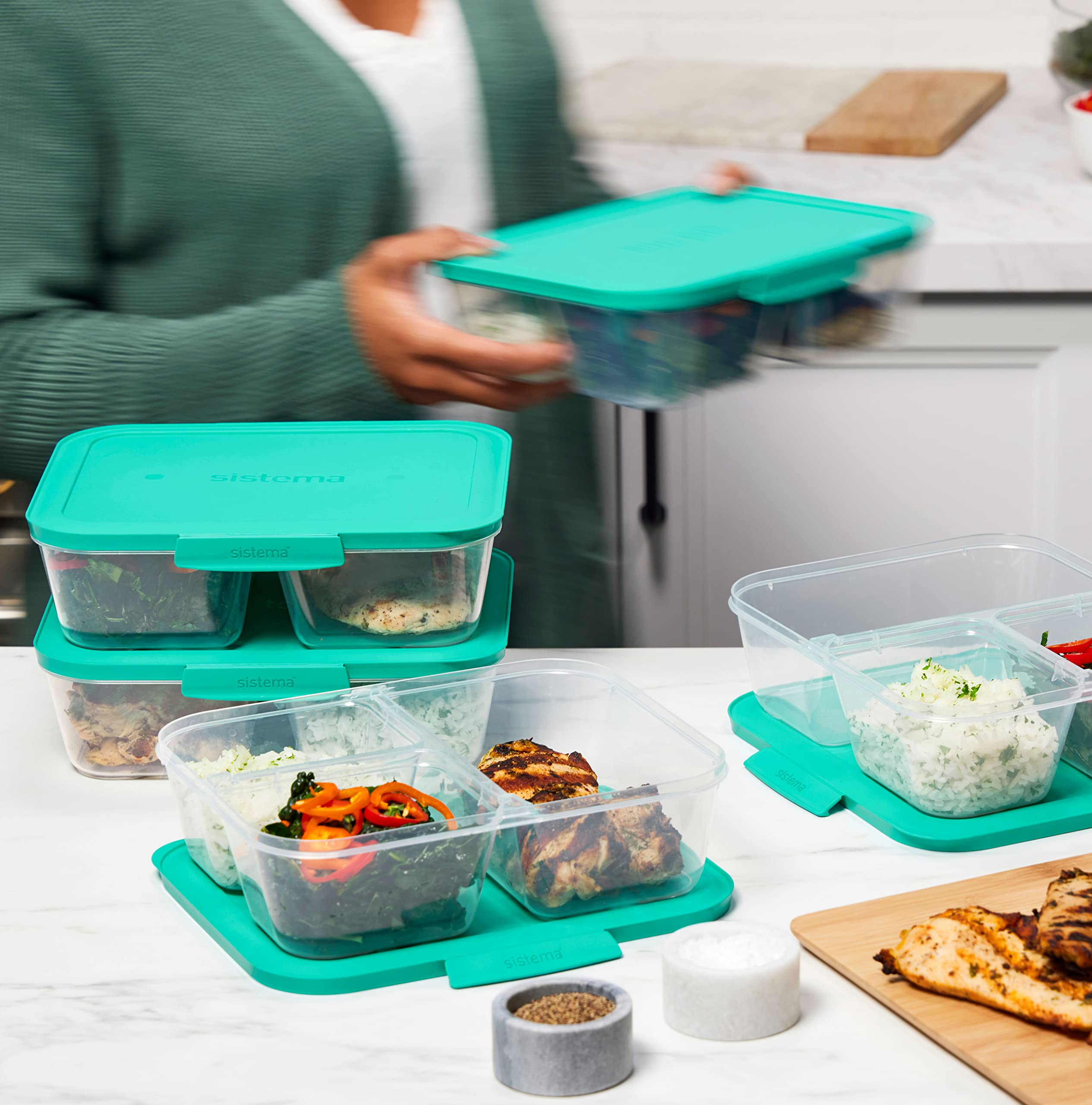 Sistema Nest It Meal Prep Food Storage Containers with Lids - 3 Compartment Bento Box Style - 5-Pack Airtight Containers for Lunch, Office & Meal Prepping - BPA-Free Plastic - Teal Color
