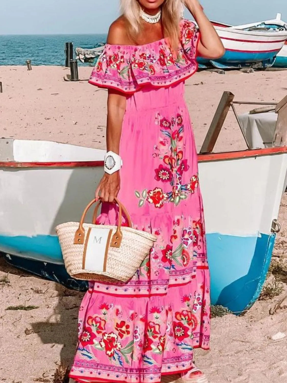 Floral Off Shoulder Ruffle Maxi Dress for Women - Beach Wedding Resort Party Wear - Perfect for Summer Vacations, Tropical Getaways & Boho Photoshoots