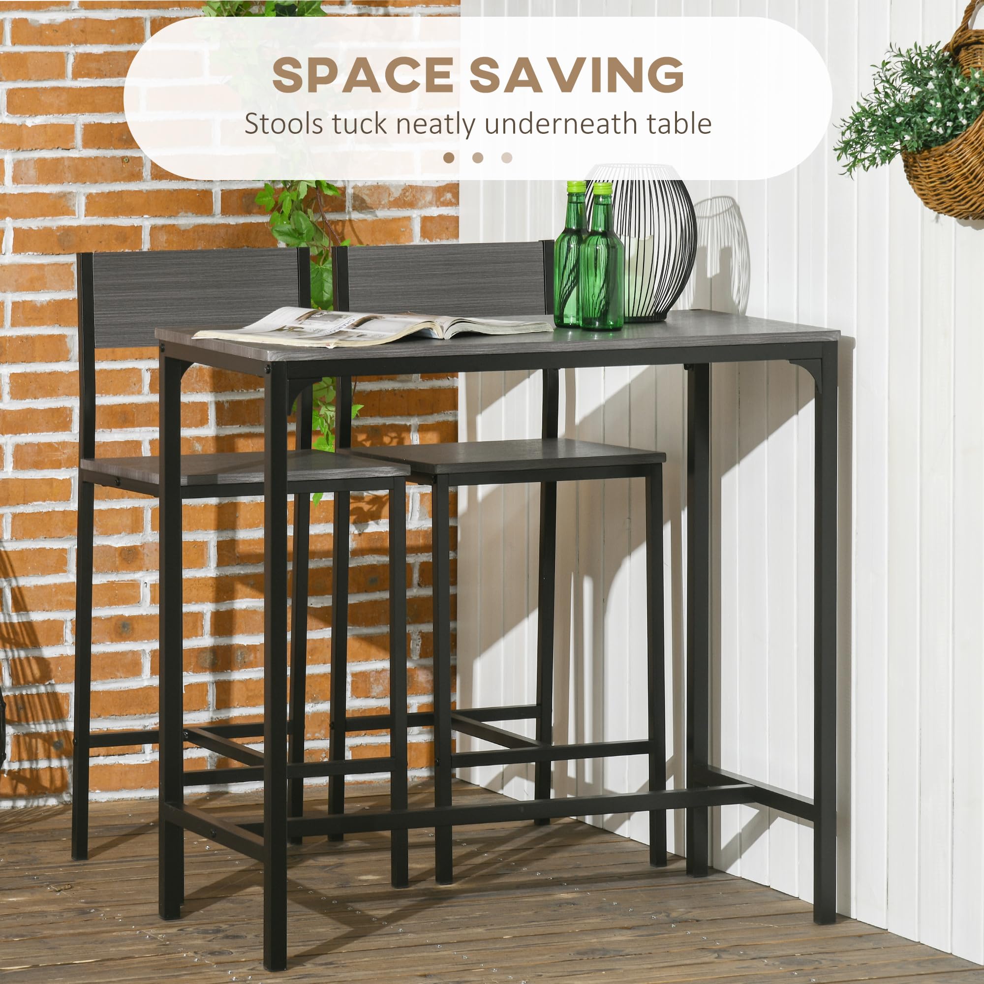 HOMCOM 3-Piece Industrial Bar Table and Chairs Set - Counter Height Kitchen Dining Table with 2 Bar Stools, Small Space Breakfast Nook Set in Gray - Perfect for Apartments, Kitchens & Compact Dining Areas