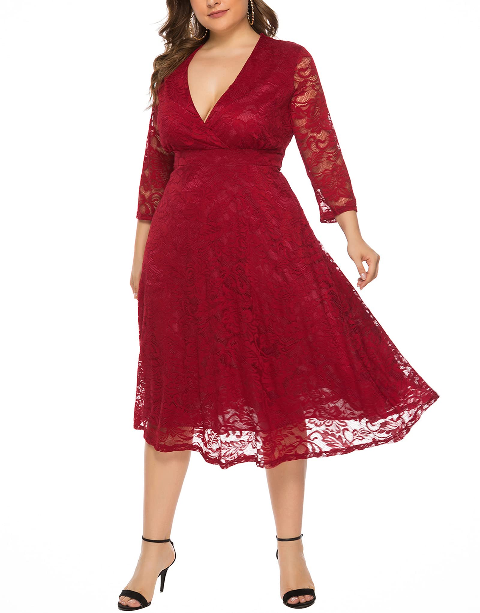 Easyoyo Women's Floral Lace Plus Size Midi Dress - Deep V Neck Cocktail Party Dress for Weddings, Evening Events & Special Occasions
