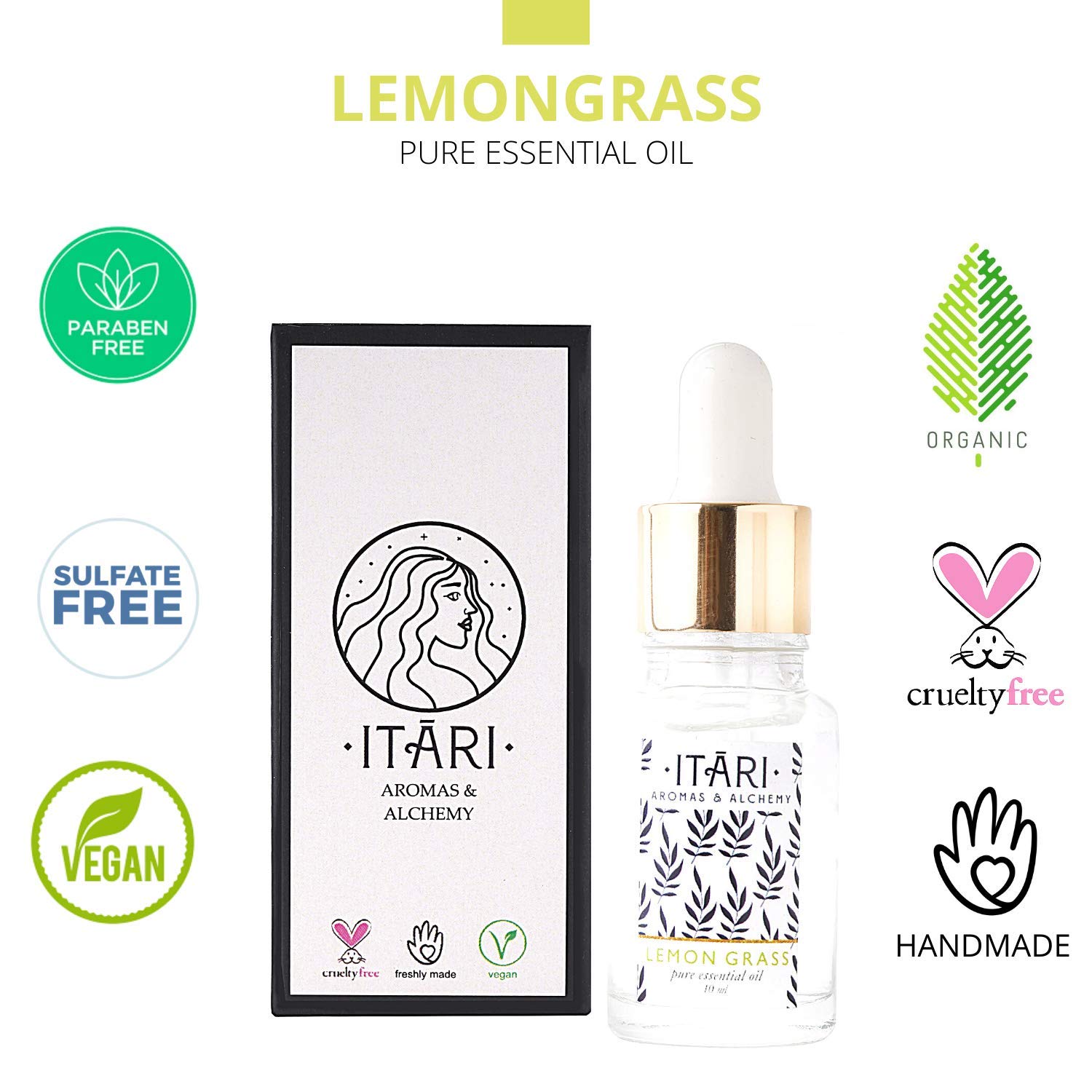 Itari 100% Pure Lemongrass Essential Oil - 10ml Natural Aromatherapy Oil for Hair Growth, Skin Care, Acne Treatment & Bug Repellent - Perfect for Diffusers, Massage & DIY Beauty Products