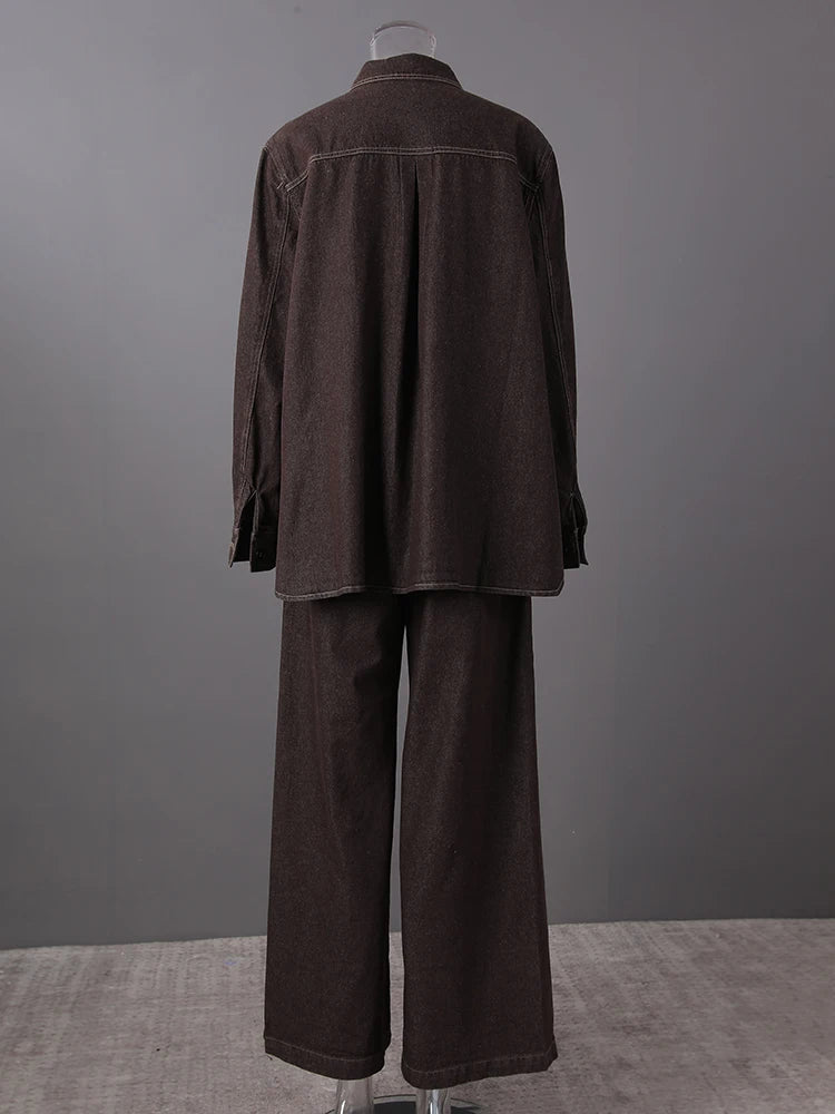 Big Size Denim Shirt & Wide Leg Pants Two-Piece Suit for Women | Lapel Long Sleeve Fashion Set | Spring Autumn 2025 Trendy Outfit | CPG2885 | Perfect for Office Wear, Casual Dates & Street Style