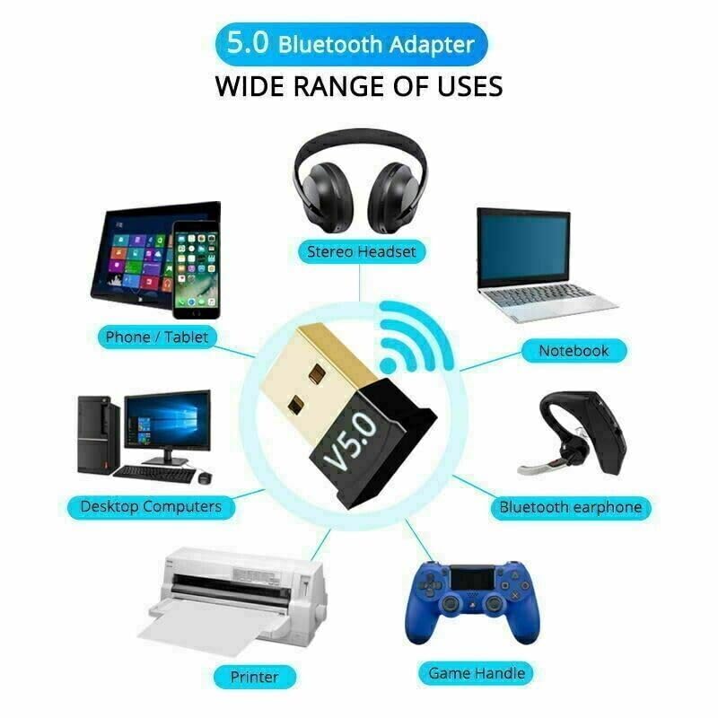 Hi-Speed Bluetooth 5.0 USB Adapter for PC & Laptop - Wireless Dongle Compatible with Headphones, Speakers, Keyboard, Mouse & Printer (Windows 10/8.1/8/7) - Perfect for Home Office, Gaming & Streaming