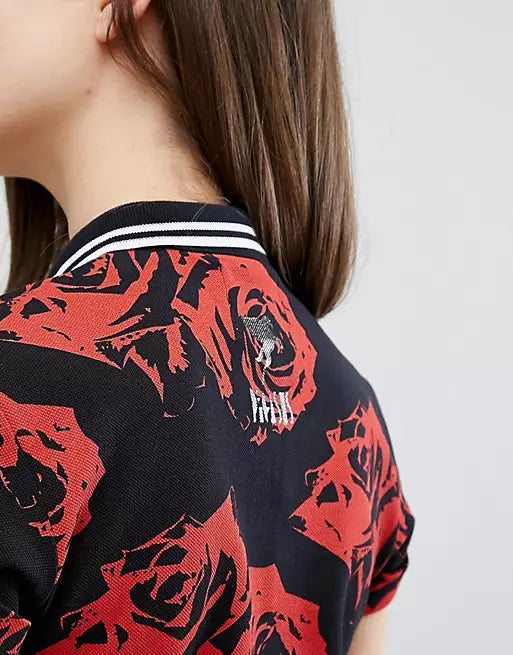 Amy Winehouse Black Rose Print Pique Shirt - Vintage Style Women's Short Sleeve Shirt for Concerts, Music Festivals & Casual Wear