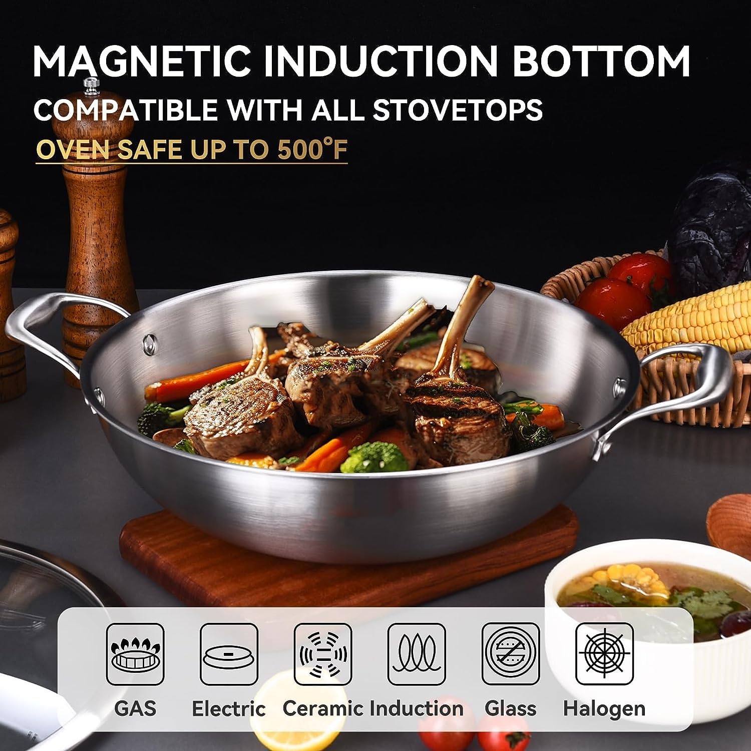 Inqibee 10-Inch Tri-Ply Stainless Steel Wok Pan with Lid - Small Stir Fry Pan, Jumbo Cooker - Induction Compatible, Dishwasher & Oven Safe - Perfect for Asian Cooking, Stir Frying, Sautéing & Deep Frying
