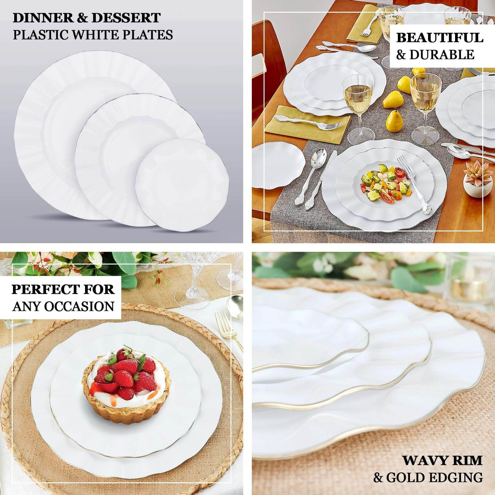Efavormart 10-Pack White 9-Inch Round Plastic Dessert Plates with Gold Wavy Rim - Disposable Salad & Appetizer Plates for Weddings, Parties, Banquets, Holiday Dining, Picnics & Outdoor Events