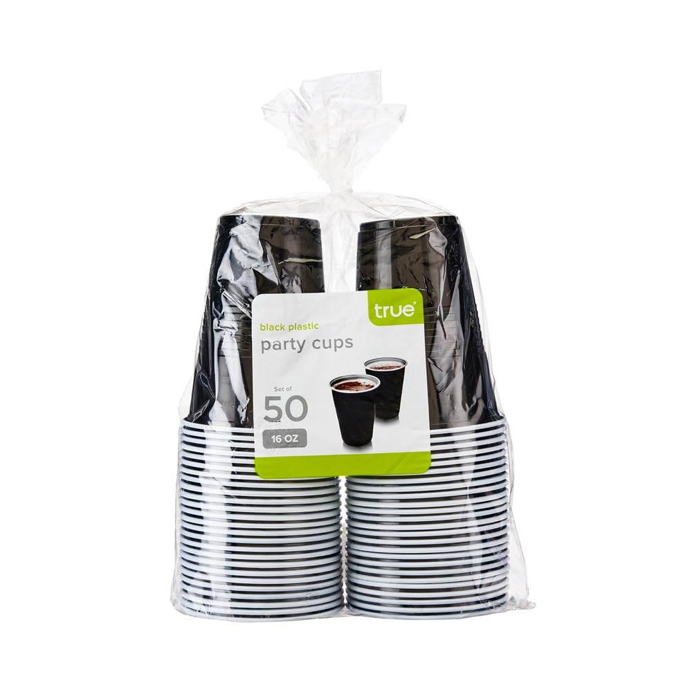 **50-Pack True Black 16oz Disposable Plastic Cups for Parties, Beer Pong, BBQs & Events - Heavy-Duty Drinking Cups for Soda, Cocktails & Beverages**