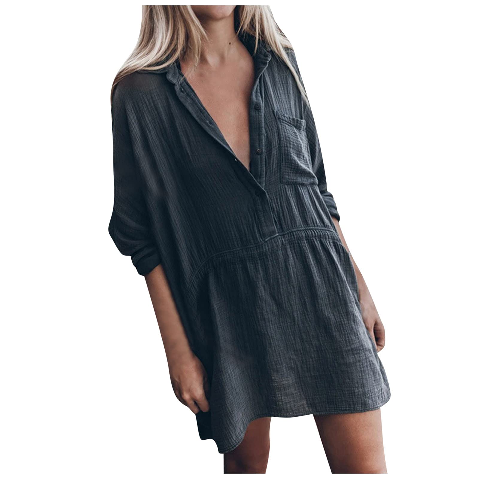Women's Cotton Linen Wrap Dress - Solid Color Lapel Casual Shirt Dress with Belt | Summer Beach Wear, Office Outfit, Vacation Clothing