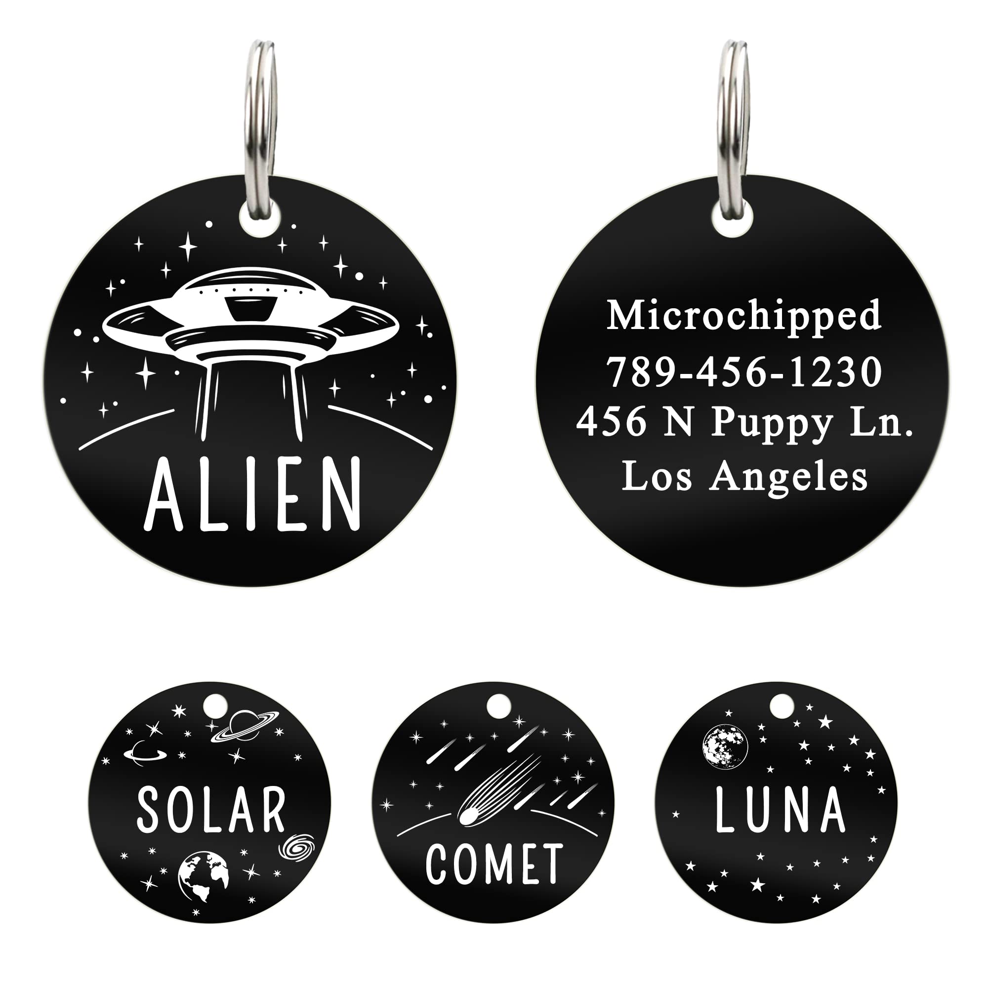 UltraJoys Personalized Stainless Steel Pet ID Tag - Custom Engraved Dog & Cat Name Tags with Front/Back Options - Round Alien Design for Small Pets - Perfect for Daily Walks & Pet Safety