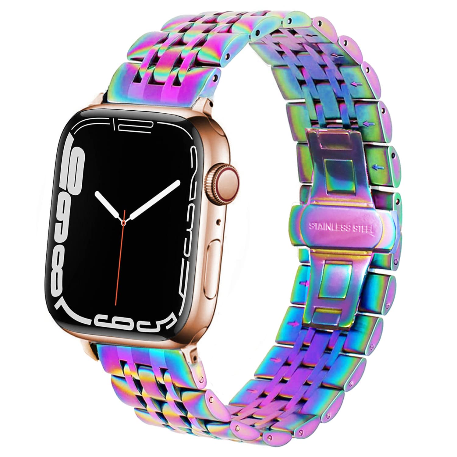 Premium Stainless Steel Apple Watch Band - Compatible with iWatch 42mm 44mm 45mm 49mm, Replacement Strap for Apple Watch Series 9/8/7/6/5/4/3/SE/Ultra - Unisex Rainbow Metal Band for Workout, Office & Daily Wear