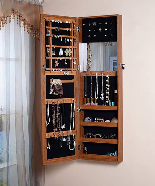 Wall Mount & Over The Door Jewelry Cabinet with Mirror - Jewelry Organizer Box for Necklaces, Rings & Earrings - Perfect for Bedroom, Bathroom & Closet Organization