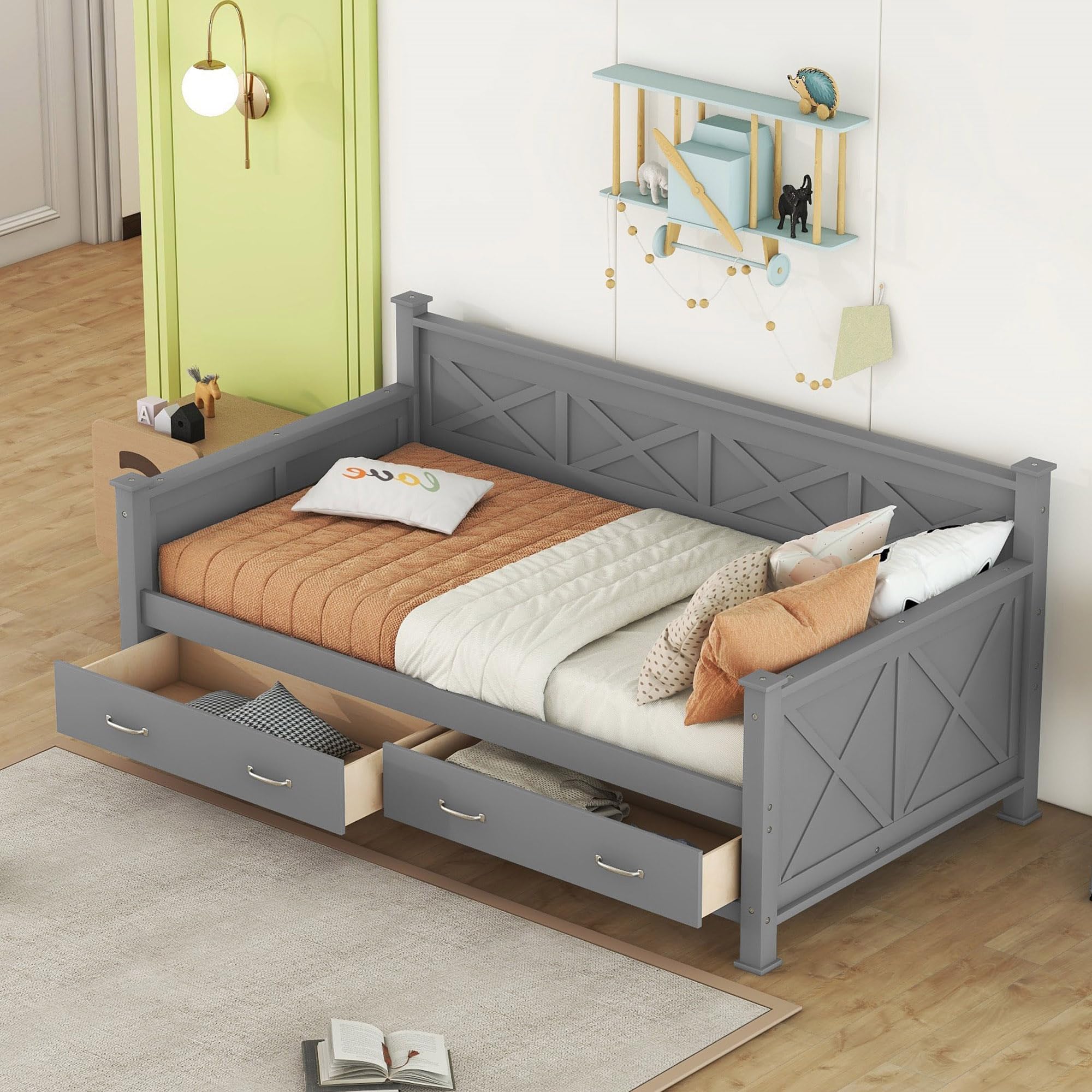 Wooden Daybed with 2 Storage Drawers - Gray Platform Bed for Kids & Guest Room - Space-Saving Furniture for Small Bedrooms, Sleepovers, and Dorm Rooms