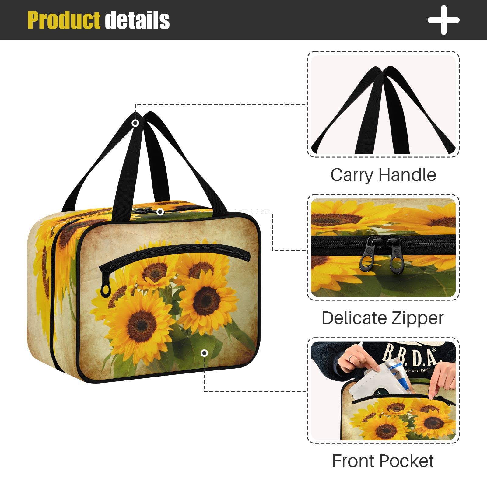 Sunflower Shabby Chic Hanging Toiletry Bag - Large Waterproof Cosmetic Organizer for Women & Girls | Perfect for Travel, Gym, and Daily Makeup Storage