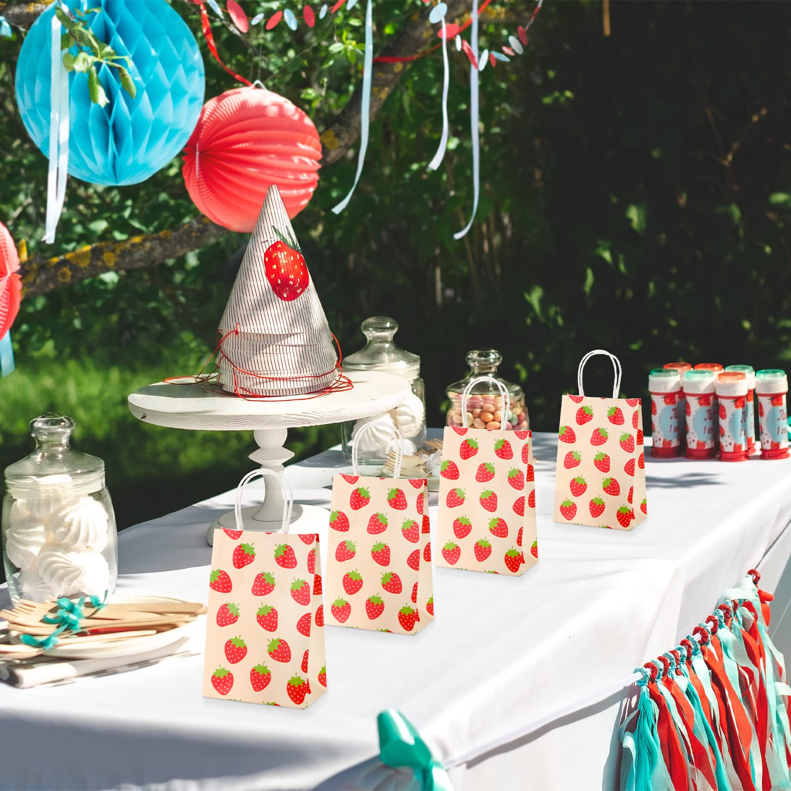 20 Pcs Strawberry Party Favor Bags with Handles - Cute Printed Strawberry Treat Bags for Candy, Gifts & Party Supplies - Perfect for Strawberry Themed Birthday, Baby Shower & Dessert Table Decorations