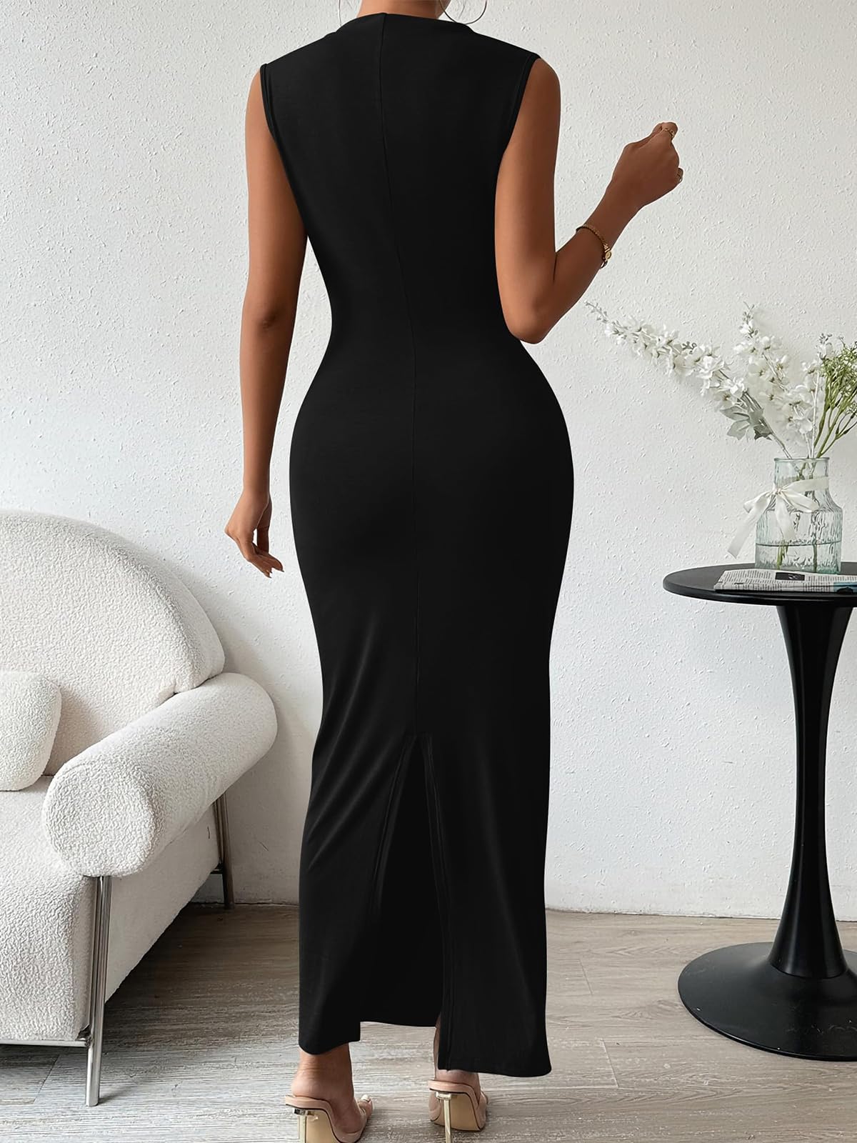 Elegant Women's Formal Long Dress - Ruched Bodycon Sleeveless Boat Neck Maxi Dress with Slit for Wedding Guest, Cocktail Party, Evening Gala & Special Occasions