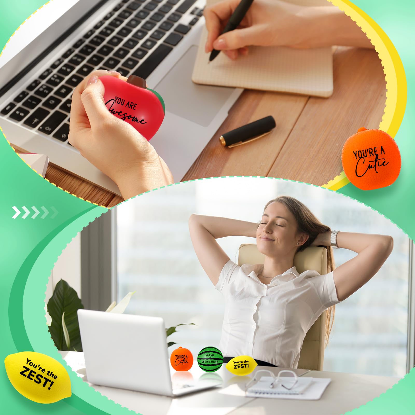 Outus 24-Piece Bulk Fruit Stress Balls Set - Inspirational Squeeze Toys for Office, Graduation Party Favors (Watermelon, Veggie Shapes) - Perfect for Coworkers, Employees & Stress Relief at Work or School