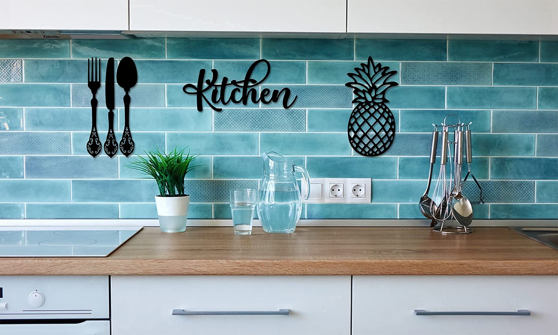 4eN Modern Wooden Kitchen Wall Decor Set - 5 Piece MDF Cutlery Sign for Dining Room, Kitchen, Cafe & Farmhouse | Rustic Home Accessories for Wall Decoration & Interior Design