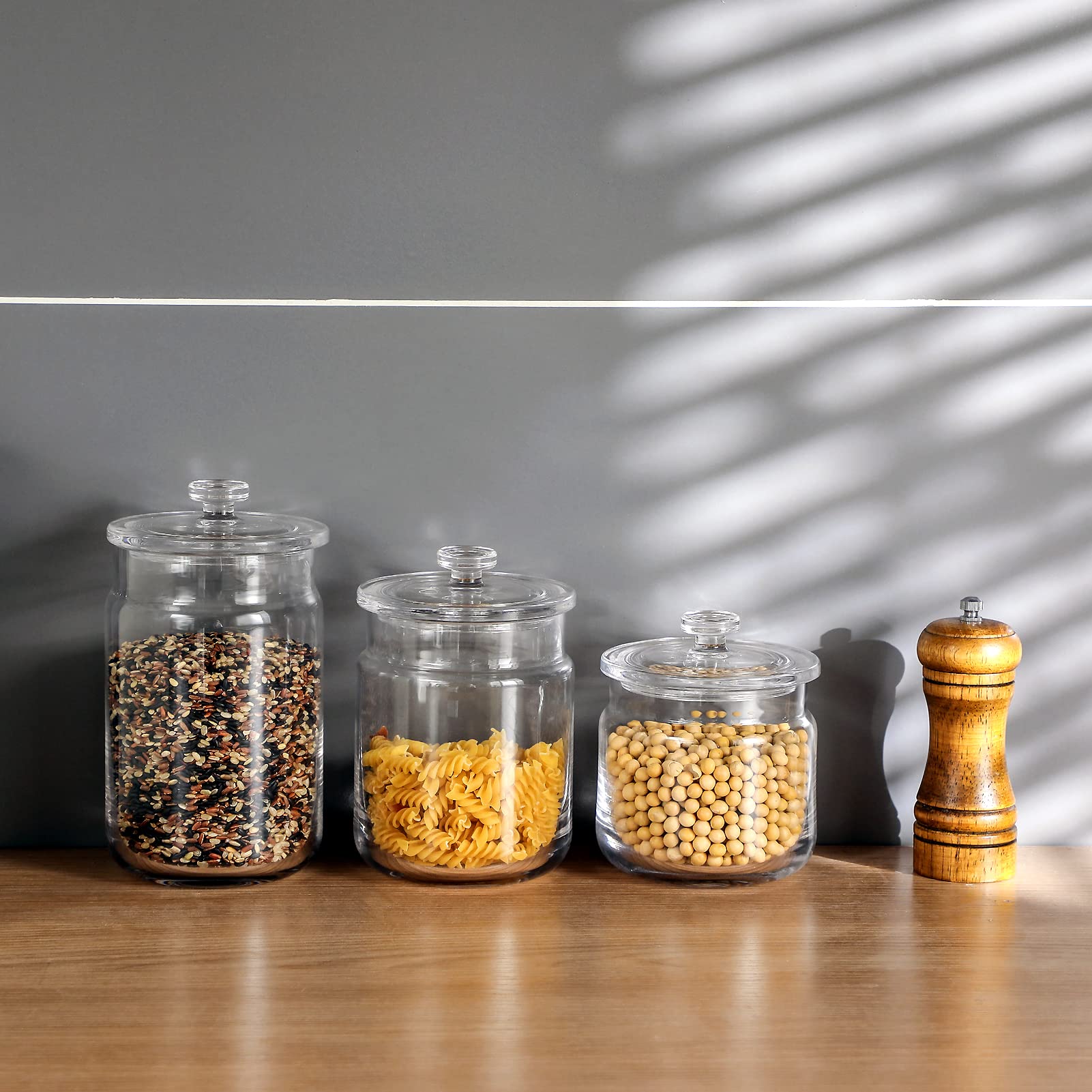 Premium Glass Pantry Storage Containers Set of 3 (23oz, 30oz, 40oz) - Airtight Food Storage Jars with Lids for Kitchen Countertop, Pantry & Laundry Room - Perfect for Candy, Nuts, Spices, Coffee & Dry Goods Organization