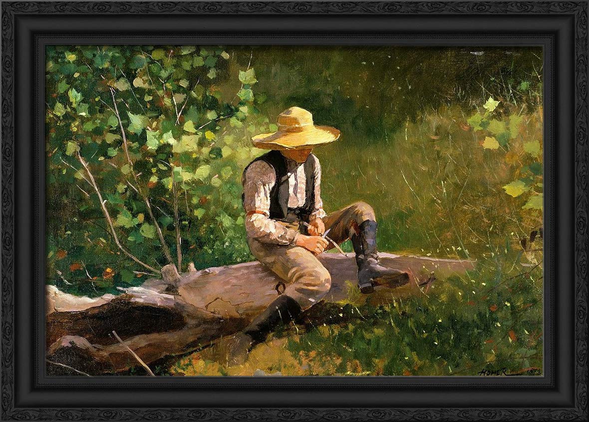 The Whittling Boy by Winslow Homer - 40x28 Large Black Ornate Framed Canvas Art Print - Classic American Artwork for Living Room, Office & Home Decor