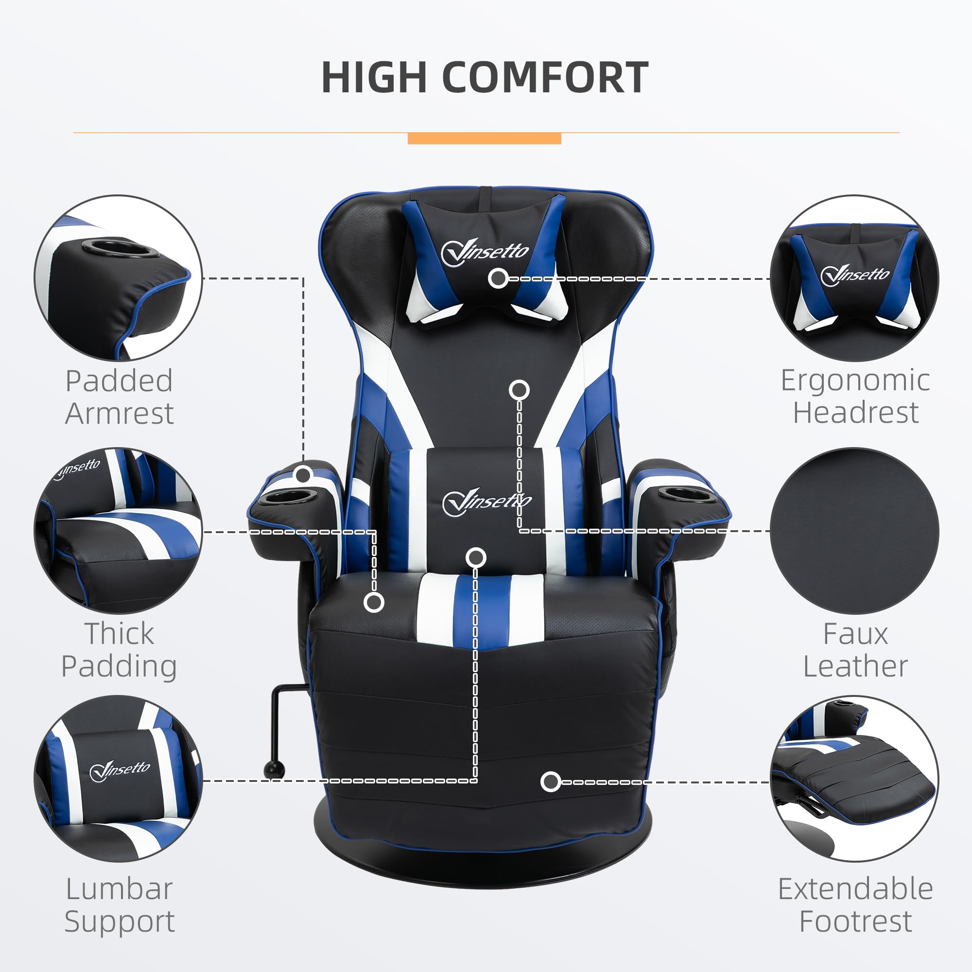 Vinsetto Ergonomic Gaming Chair - Racing Style Computer Recliner with Adjustable Lumbar Support, Retractable Footrest & Cup Holder - Black/White/Blue - Perfect for PC Gaming, Office Work & Home Entertainment