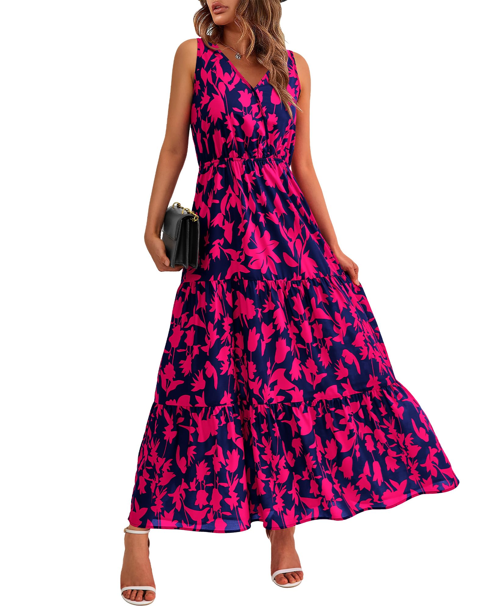 BTFBM Women's Summer Casual Sleeveless Floral Maxi Dress - Cute Long Dress for Wedding Guest, Beach Vacation, Date Night & Outdoor Parties