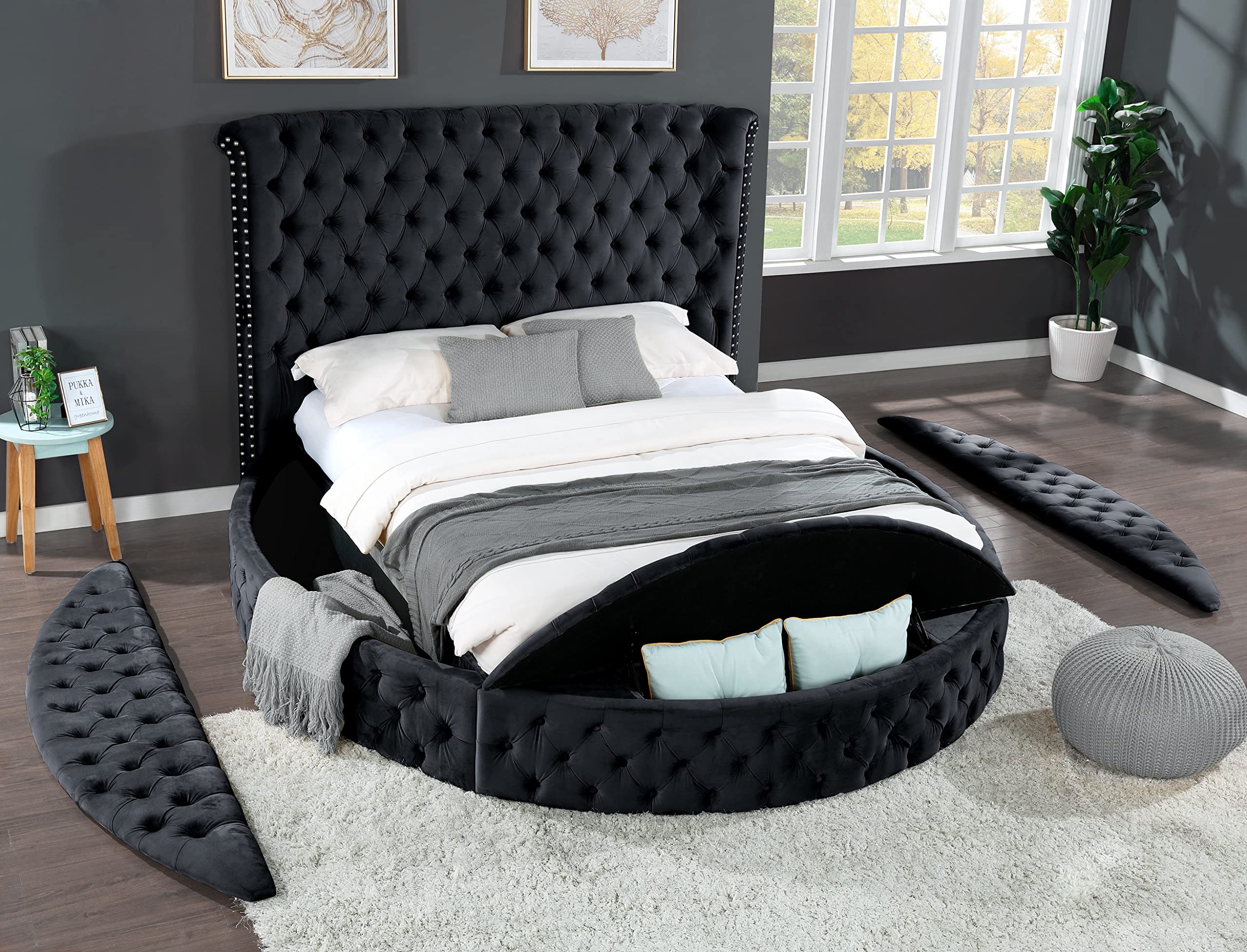Luxury Hazel Velvet Queen Bed Frame - Round Deep Button Tufted Headboard with Storage Compartment at Footboard & Side Rails, Black Queen Size for Elegant Bedroom Decor | Perfect for Master Bedrooms, Guest Rooms & Luxury Apartments
