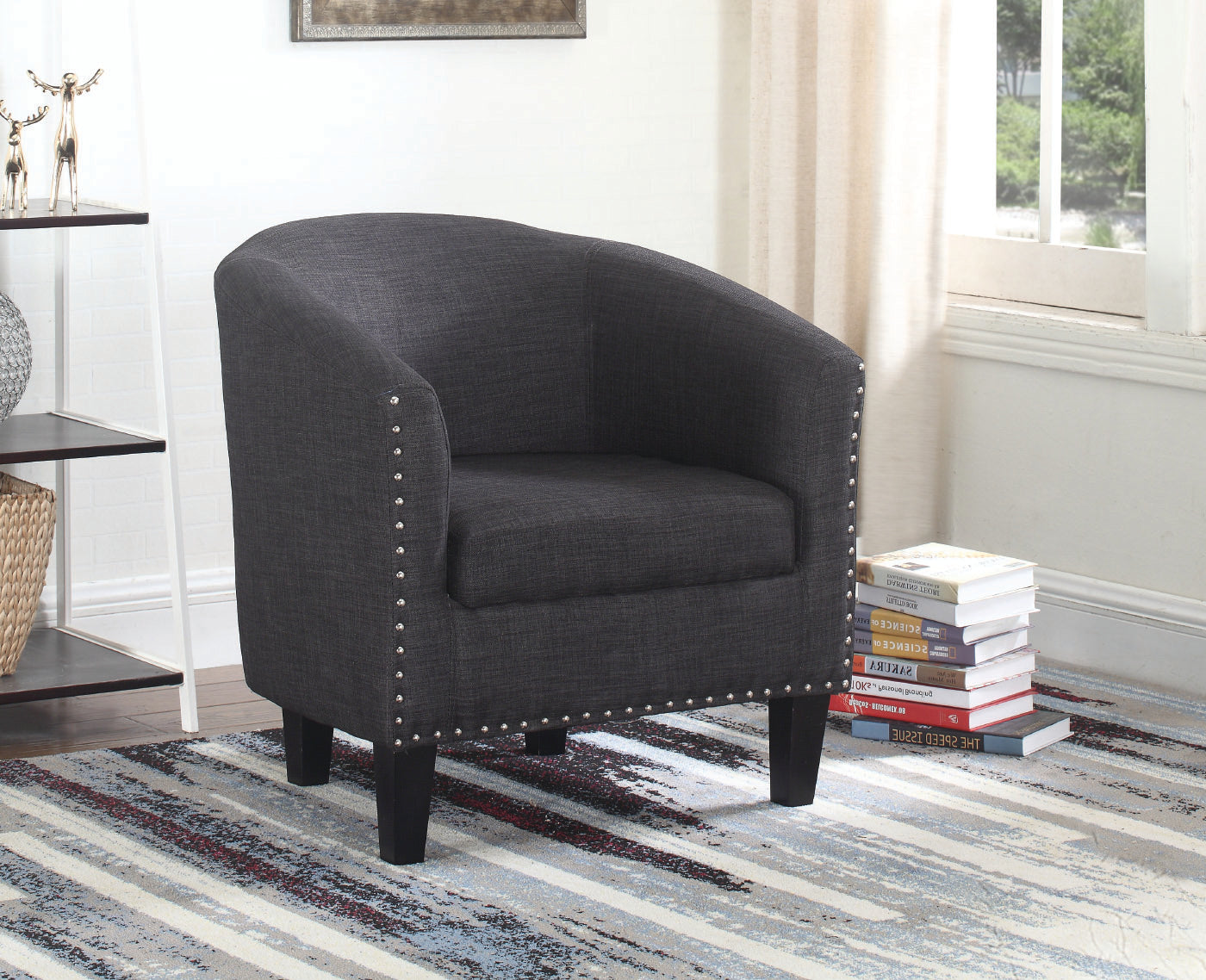 Grey Fabric Tub Chair with Nailhead Trim - Stylish Accent Chair for Living Room, Bedroom or Office - Perfect for Reading Nook, Lounge Area & Home Decor