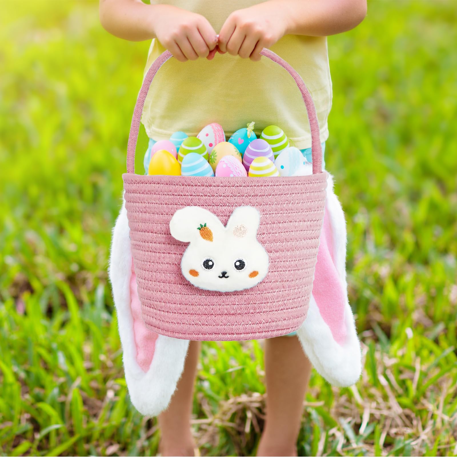 Easter Basket for Kids - Woven Cotton Rope Bunny Basket with Gift Bags & Ribbons for Girls, Boys, Toddlers & Babies (Pink) - Perfect for Easter Egg Hunts, Spring Celebrations & Gift Giving
