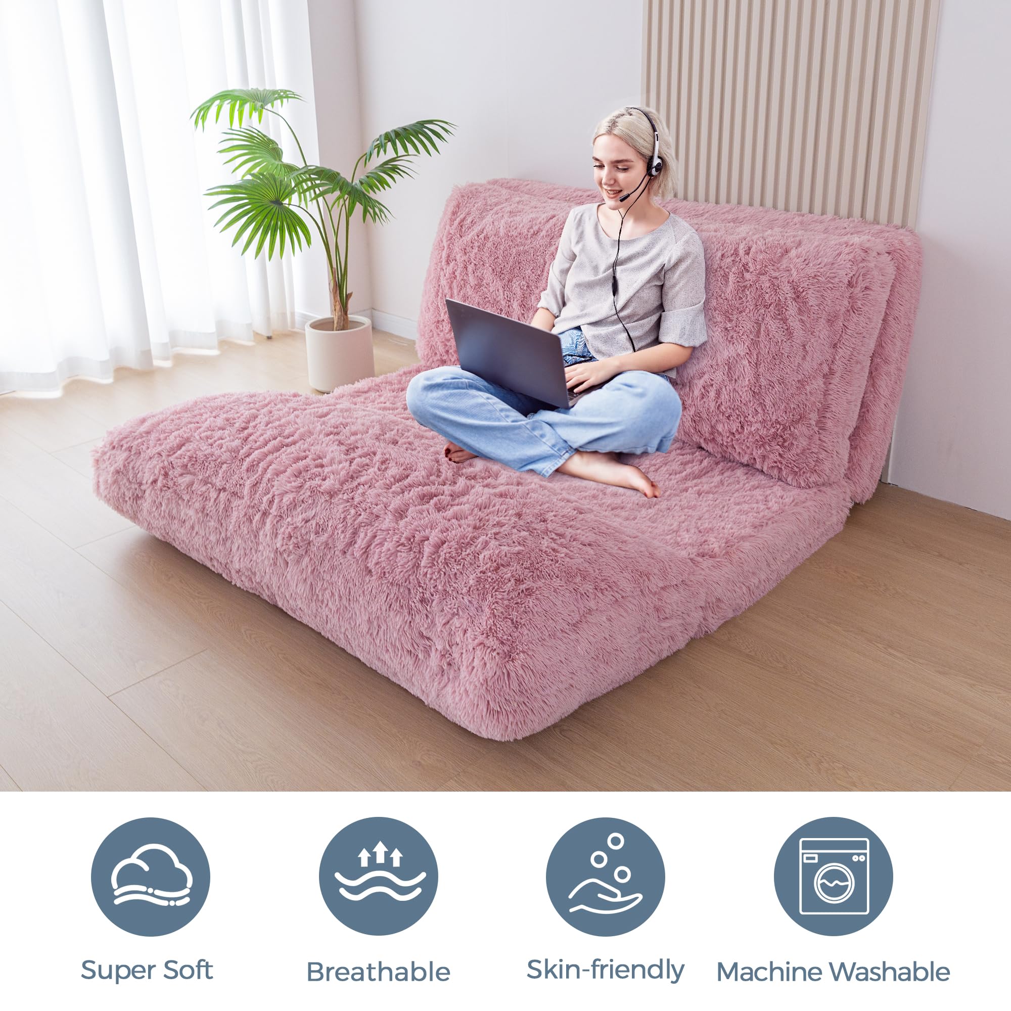 MAXYOYO Faux Fur Bean Bag Chair - Foldable Floor Sofa Bed with Foam Filling, Pink Lounge Chair for Living Room, Bedroom & Dorm | Perfect for Relaxing, Gaming & Sleepovers