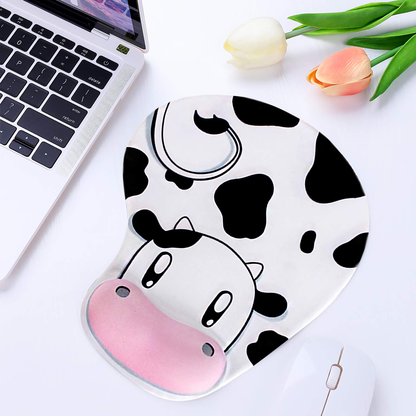 Ergonomic Mouse Pad with Wrist Support - Non-Slip Rubber Base & Elastic Gel Wrist Rest for Gaming, Office, Home Working & Studying - Comfortable Computer Mouse Mat (Cow Style Design) - Perfect for Long Hours of PC Use, Typing, and Online Gaming Sessions