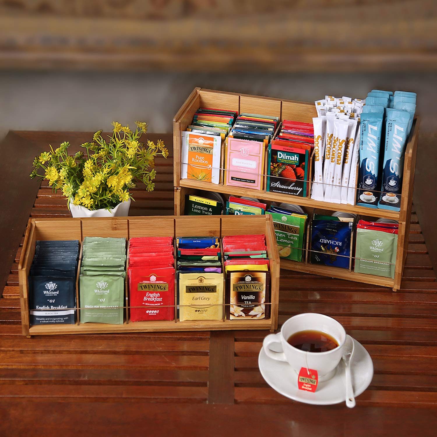X-cosrack 3-Tier Stackable Bamboo Tea Bag Organizer Storage Box - Natural Wood Wall Mount Tea Chest with Acrylic Lid for Tea Bags - Perfect for Office, Kitchen Cabinet & Pantry Organization