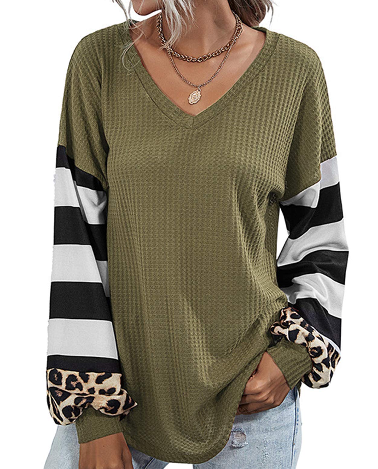 ZILIN Women's Casual Leopard Print Color Block Tunic Shirt - Cute Long Sleeve V-Neck Waffle Knit Top for Fall & Winter | Office Wear, Date Night, Weekend Outfits