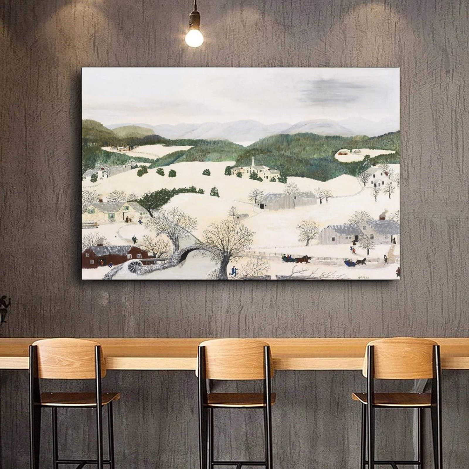 Grandma Moses Winter Painting - 'Over The River to Grandma's House' Canvas Wall Art Print 12x18 inches (30x45cm) - Famous Folk Art Decor for Living Room, Bedroom & Office