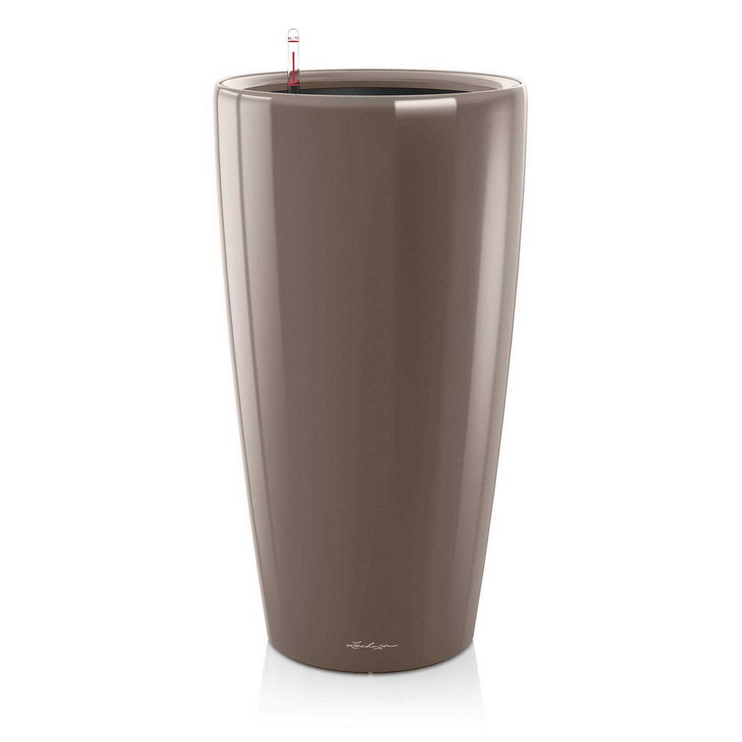 Lechuza Rondo 32 Self-Watering Planter - Large Indoor/Outdoor Garden Flower Pot with Drainage Hole & Plant Substrate - 32cm Poly Resin Floor Planter in Shiny Taupe - Perfect for Home, Office, Patio, and Balcony Decor
