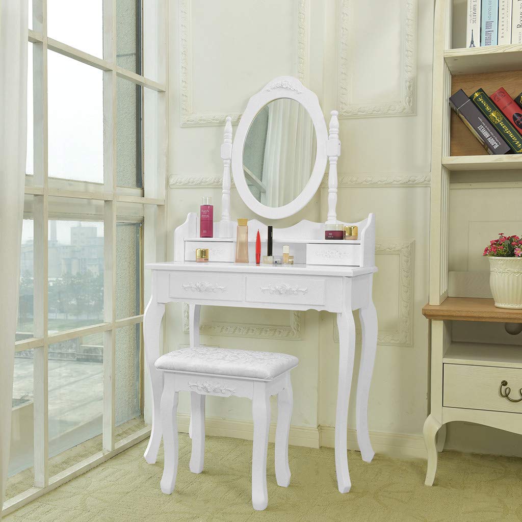 White Vanity Set with Mirror & Bench - 4 Drawers Storage for Makeup & Dressing - Fast USA Shipping