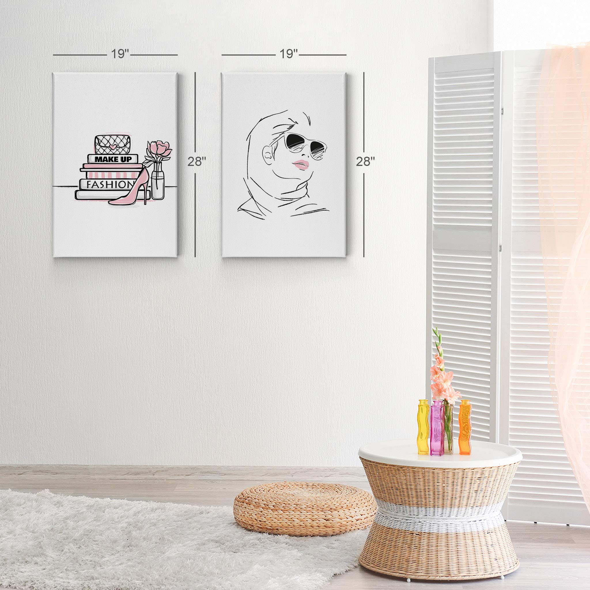 Glam Fashion Canvas Print Wall Art - Pink, Black & White Woman with Books, Bag & High Heels 2-Piece Set (12x8 inches) | Ready to Hang for Office, Bathroom, Women's Dorm, Bedroom & Living Room Decor | Trendy Home & Gift Idea