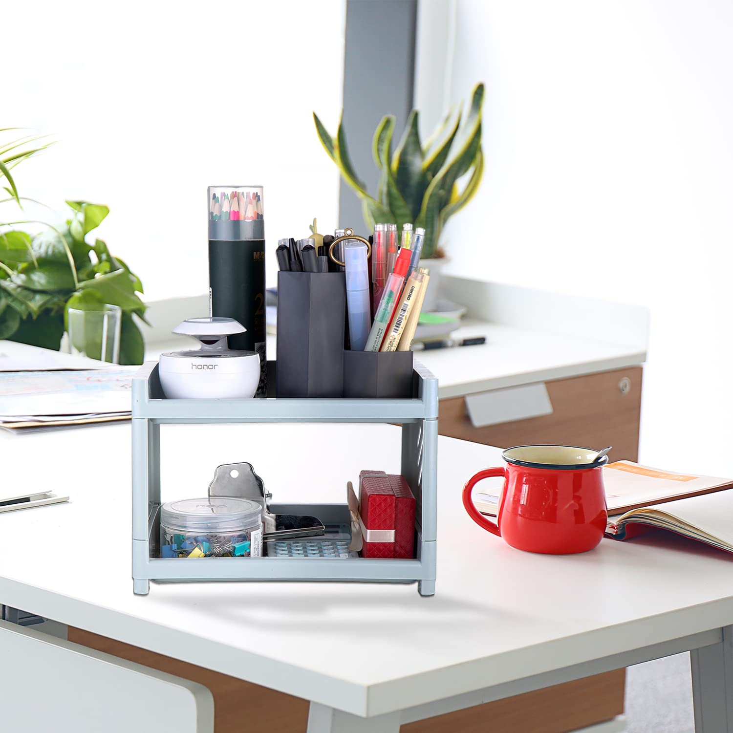 2-Tier Bathroom Organizer Countertop - Multi-Function Kitchen Cabinet Storage & Desk Organizer for Kitchen, Bathroom, Study & Office - Perfect for Small Space Organization & Clutter-Free Countertops